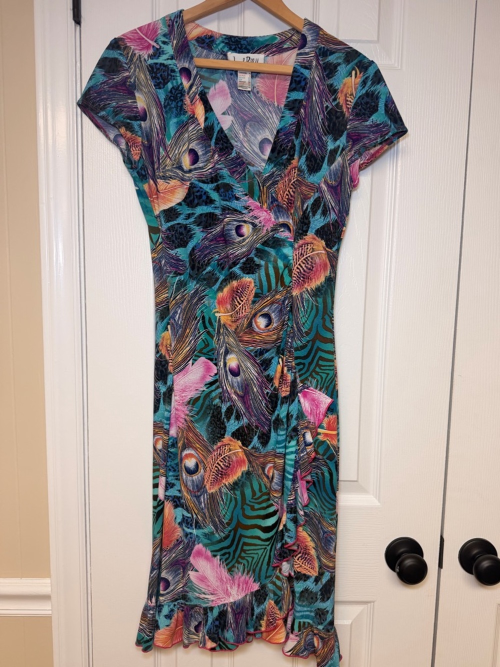 Joseph Ribkoff Faux Wrap Dress Peacock Print Ruffle Hem‎ Stretch Midi Colorful - Picture 2 of 15